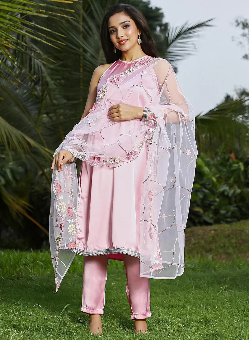 QISSA Women's Powder Pink Blush Bloom Kurta Set For Casual Wear | Halter Neck | Sleeveless | 3 Piece Kurta Set Designed With Comfort Fit For Everyday Ethnic Wear